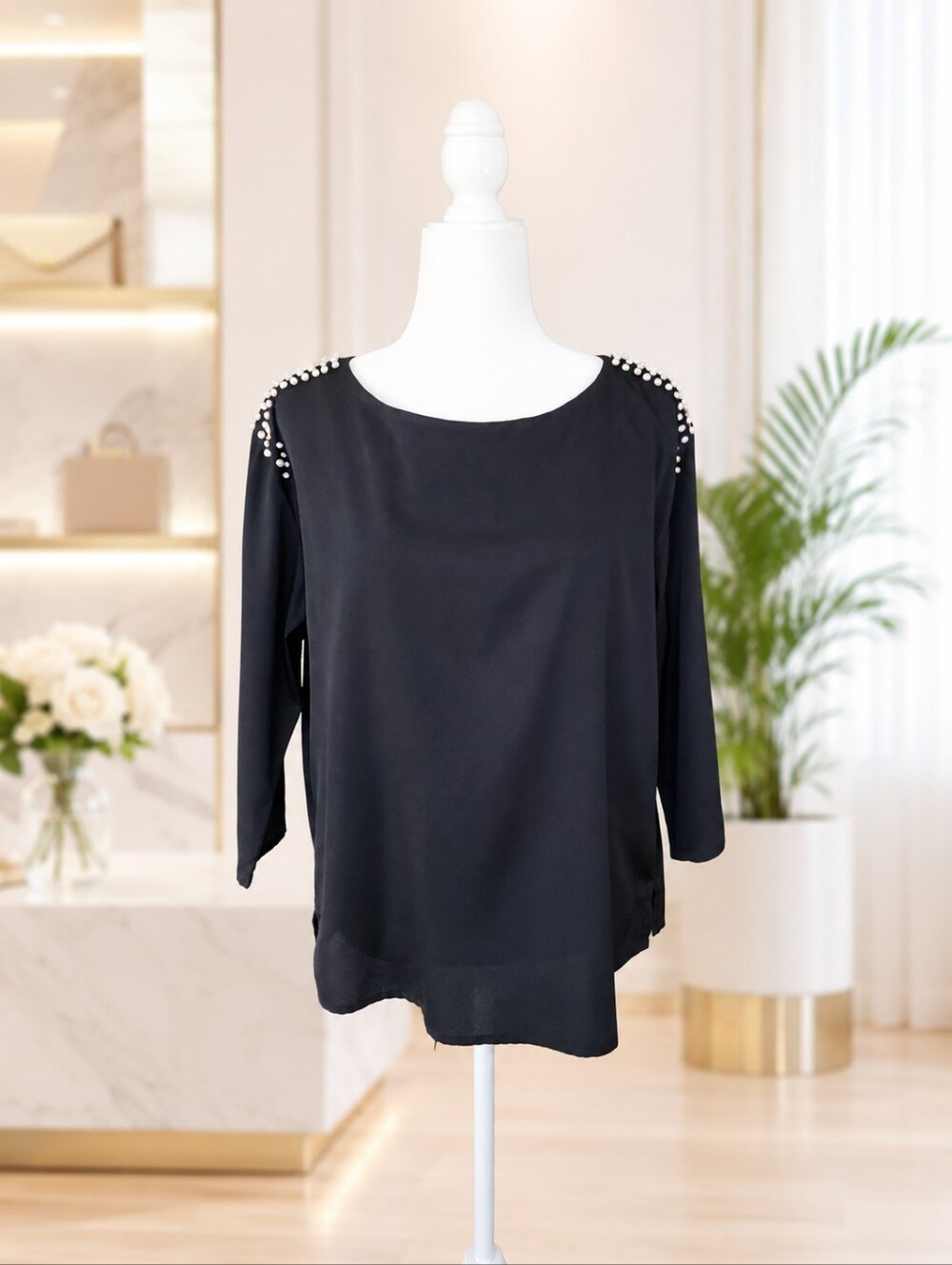 H&M Black Studded Shoulder Blouse Top 3/4 Sleeve Women's Size 12